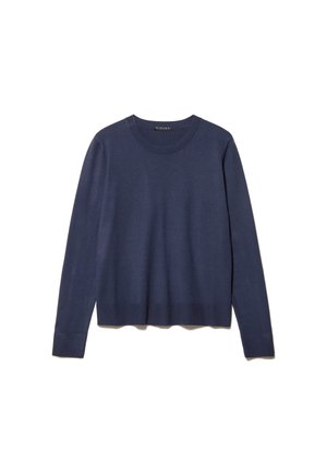 Maglione a collo rotondo di colore blu navy, con maniche lunghe e polsini a coste; texture morbida e orlo leggermente accorciato.