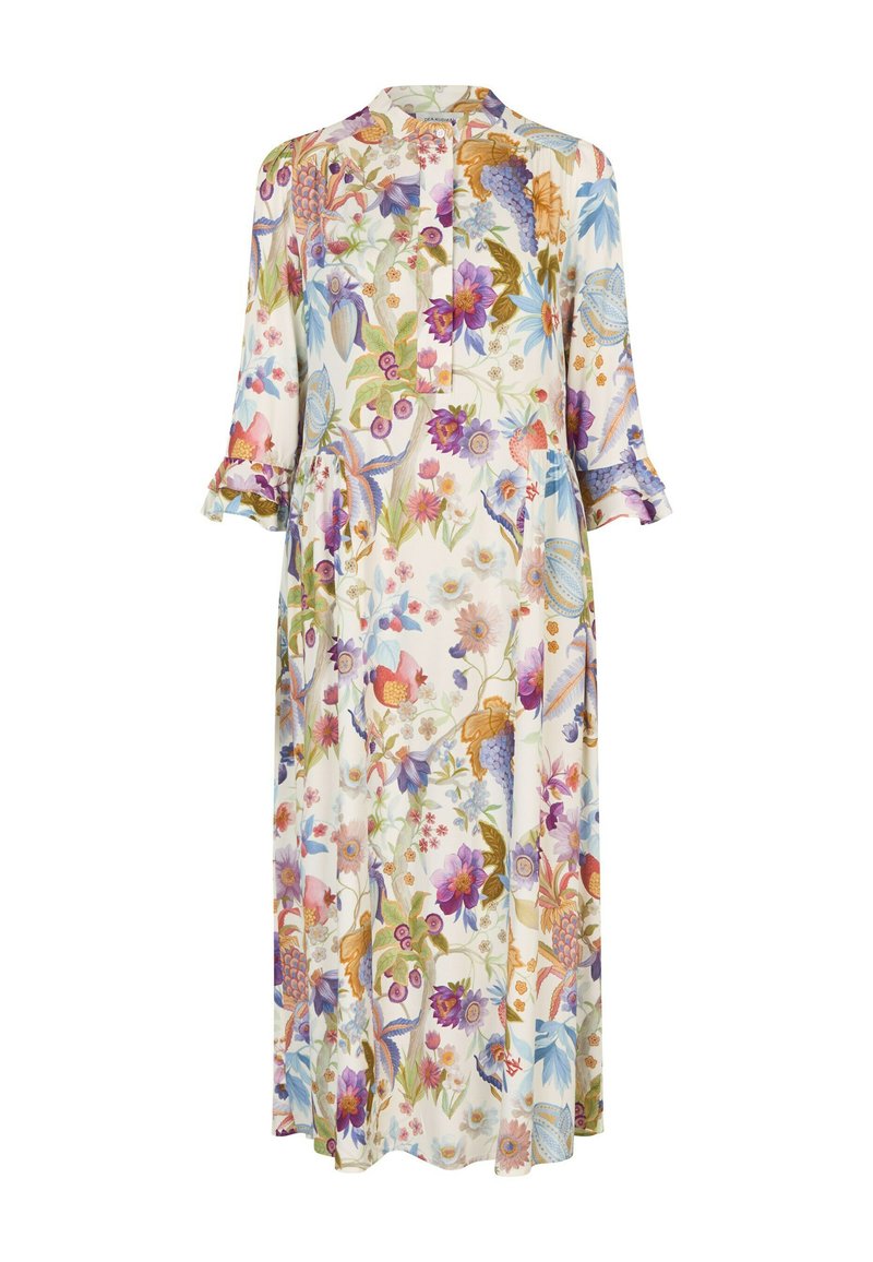 Robe à fleurs avec un col, des manches longues et des poignets à volants. Fabriquée en tissu léger avec un motif botanique coloré.