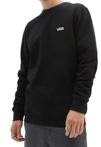 Felpa nera a girocollo in misto cotone, con logo Vans bianco sul petto, polsini a costine e un design scuro uniforme.