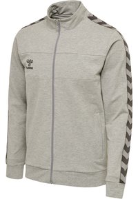 Felpa grigia con zip, realizzata in tessuto morbido. Presenta strisce a zigzag nere testurizzate lungo le spalle e le tasche laterali. Logo sul petto.