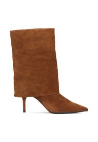 Barna velúr bokacsizma hegyes orral és magas, struktúrált szárnyal. Stiletto sarokkal és sima textúrával rendelkezik.