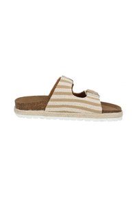 Gespen slide sandalen met een geweven beige textiel bovenwerk met horizontale strepen. Korken voetbed en een gestructureerde rubberen zool voor grip.