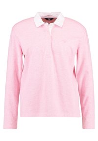 Langärmliges Poloshirt aus hellrosa Baumwolle mit weißem Kragen, ausgestattet mit einer Knopfleiste mit drei Knöpfen und einem dezenten Logo auf der Brust.