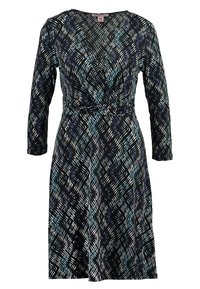 Wrap-klänning med långa ärmar, marinblå bakgrund med abstrakta vita och teal-mönster, samt en figursydd midja med rynkning.