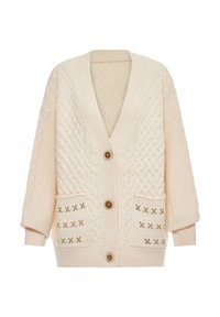 Cardigan in maglia chunky crema con motivi a treccia, tre bottoni, maniche lunghe, polsini a coste e due tasche frontali con design a X cuciti.