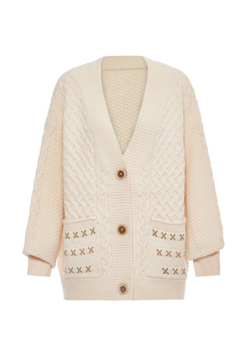 Cardigan in maglia chunky crema con motivi a treccia, tre bottoni, maniche lunghe, polsini a coste e due tasche frontali con design a X cuciti.