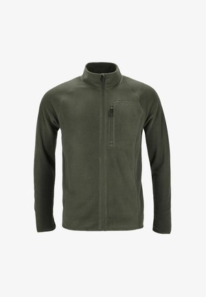 Oliivinvihreä fleece-takki, jossa on korkea kaulus, täyspitkä vetoketju ja vasemmassa rinnassa vetoketjullinen tasku. Takissa on raglan-hihat ja sileä pinta.