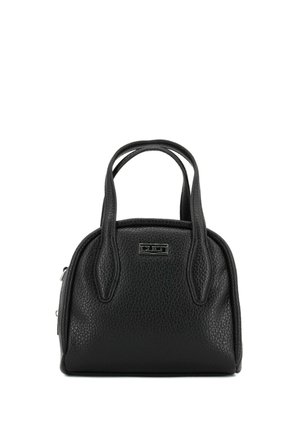 Borsa a mano in pelle nera texturizzata con due manici e una piccola targhetta rettangolare in metallo con logo al centro davanti.