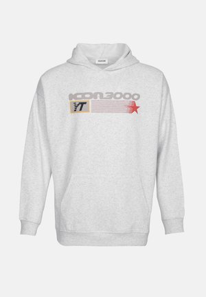 Šedá mikina s kapucí a přední kapsou, na které je text "ICON3000", logo s žlutými akcenty a grafika červené hvězdy. Vyrobeno z měkké látky.