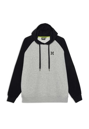 Grå og sort hættetrøje med kængurulomme, snore og et lille logo på brystet; lavet af blød bomuldsblanding.