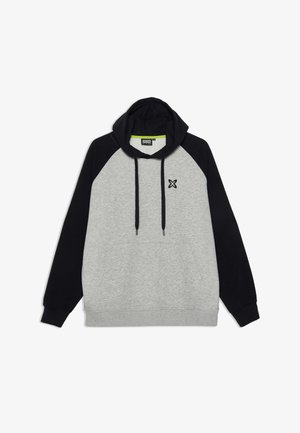 Gray and black hooded sweatshirt with a kangaroo pocket, drawstrings, and a small logo on the chest; made from soft cotton blend fabric.