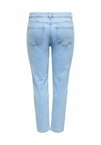 Lyseblå denimjeans med subtile slidte detaljer, to baglommer og en lige benpasform set bagfra.