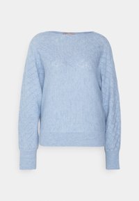 Jasnoniebieski sweter z dzianiny z diamentowym wzorem na rękawach i szerokim dekoltem. Posiada prążkowane mankiety i dół dla struktury.