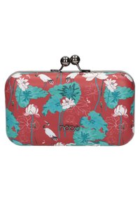 Punainen kukallinen kynäklutch, jossa on teal-vihreät lehdet ja vaaleanpunaisia kukkia. Varustettu metallisella sulkimella, jossa on kaksi pallomaista koriste-elementtiä ja logo keskellä pohjaa.