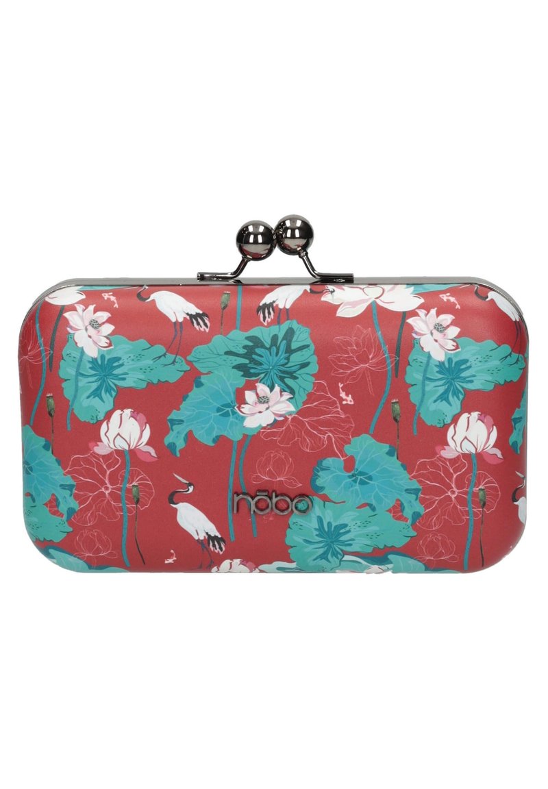 Punainen kukallinen kynäklutch, jossa on teal-vihreät lehdet ja vaaleanpunaisia kukkia. Varustettu metallisella sulkimella, jossa on kaksi pallomaista koriste-elementtiä ja logo keskellä pohjaa.