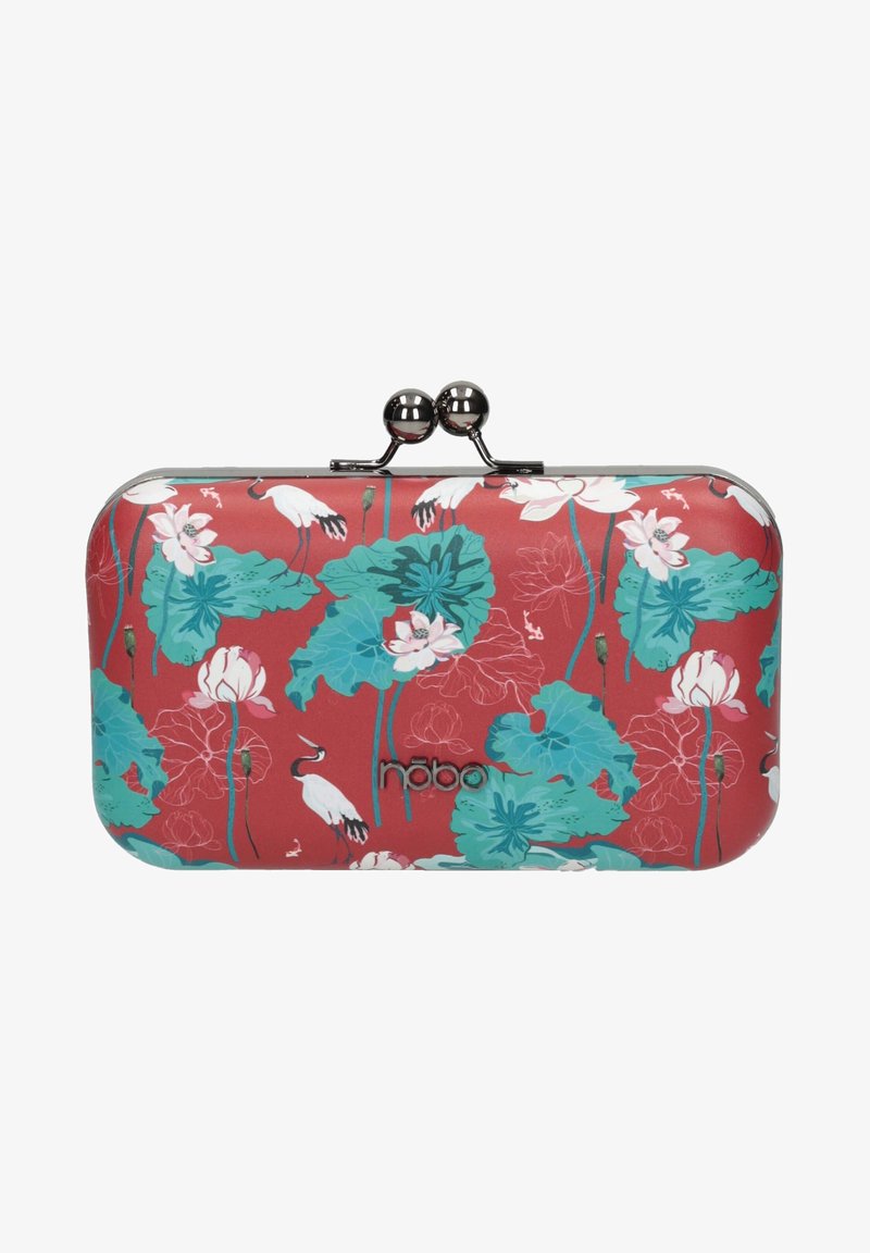Punainen kukallinen kynäklutch, jossa on teal-vihreät lehdet ja vaaleanpunaisia kukkia. Varustettu metallisella sulkimella, jossa on kaksi pallomaista koriste-elementtiä ja logo keskellä pohjaa.
