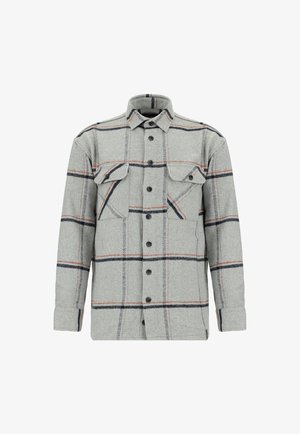Grijze geruite shirtjack gemaakt van wol, voorzien van twee borstzakken, knoopsluiting en contrasterende oranje en marineblauwe lijnen in het patroon.