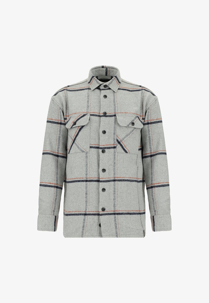 Giacca a camicia in tessuto scozzese grigio, realizzata in lana, dotata di due tasche sul petto, chiusura con bottoni e linee a contrasto arancioni e blu navy nel motivo.