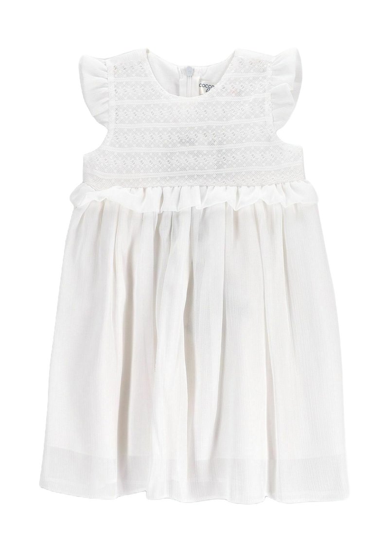 Biała bawełniana sukienka z fakturowanym bodicem z koronkowym detalem, krótkimi falbaniastymi rękawami i zwiewnym dołem o subtelnym połysku.