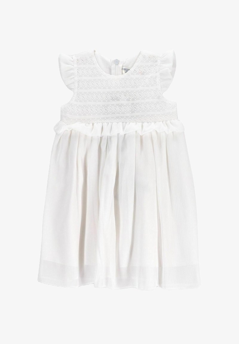 Biała bawełniana sukienka z fakturowanym bodicem z koronkowym detalem, krótkimi falbaniastymi rękawami i zwiewnym dołem o subtelnym połysku.