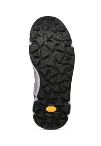 Suola di scarpa in gomma nera con motivi di battistrada triangolari, un logo Vibram giallo e una finitura sfumata ai lati in viola e bianco.
