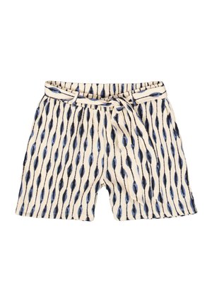 Leichte gemusterte Shorts mit cremefarbener Basis, die marineblauen und schwarzen wellenförmigen Streifen und eine verstellbare Kordel in der Taille aufweisen.