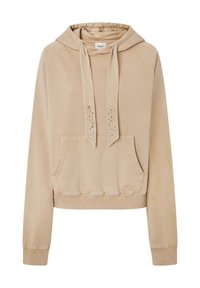 Sudadera con capucha beige, con un bolsillo frontal, textura suave y detalles metálicos en los cordones; con puños y bajo acanalados.