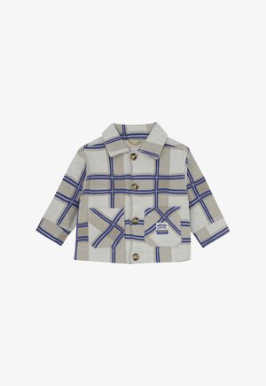 Beige- und blaue karierte Kapuzenjacke für Kleinkinder mit Kragen, Knopfverschluss, zwei Fronttaschen und einem kleinen Logopatch auf der rechten Tasche.
