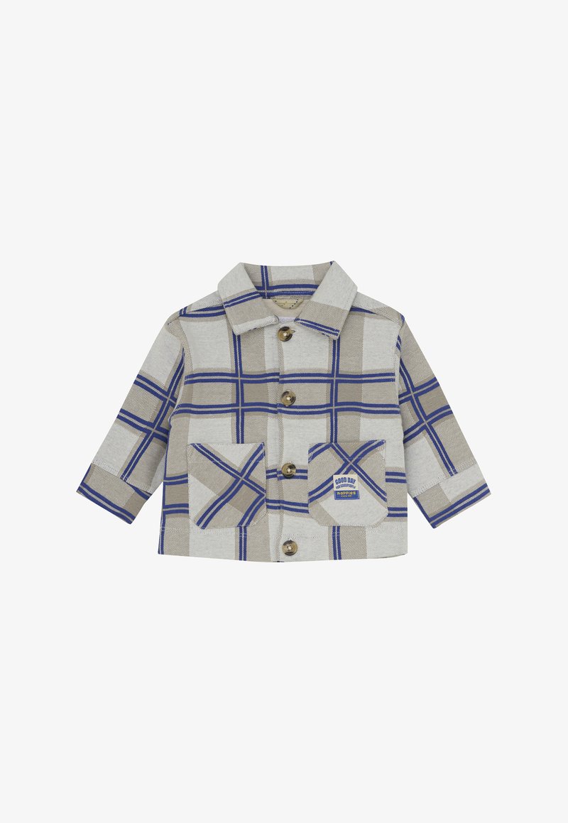 Beige en blauwe geruite peuterjas met kraag, knoopsluiting, twee voorzakken en een klein logo-opdruk op de rechterzak.