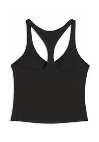 Μαύρο αμάνικο τοπ με πλατιούς ιμάντες στους ώμους και εφαρμοστή γραμμή, απλωμένο επίπεδα σε λευκό φόντο.