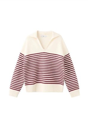 Pull crème avec des rayures horizontales bordeaux sur le corps et les manches, col large, poignets et ourlet côtelés.