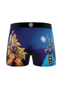 Boxers pour hommes en tissu lisse. Fond dégradé bleu avec des caractères imprimés ; un en orange, un en violet avec des accents bleus.