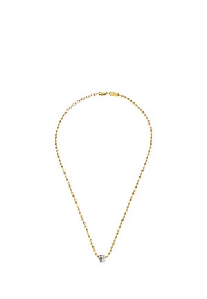 Złoty łańcuszek z małymi okrągłymi ogniwami, środkowym srebrnym akcentem i zapięciem na karabińczyk. Prosty i elegancki design.