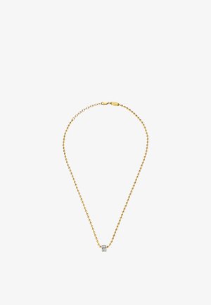 Goldkette mit kleinen runden Gliedern, zentralem Silberakzent und Karabinerverschluss. Einfaches und elegantes Design.