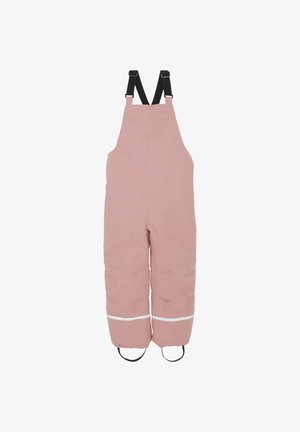 Roze waterdichte overalls met verstelbare zwarte banden, elastische manchetten, witte reflecterende strepen bij de enkels en een gewatteerd, geïsoleerd ontwerp.