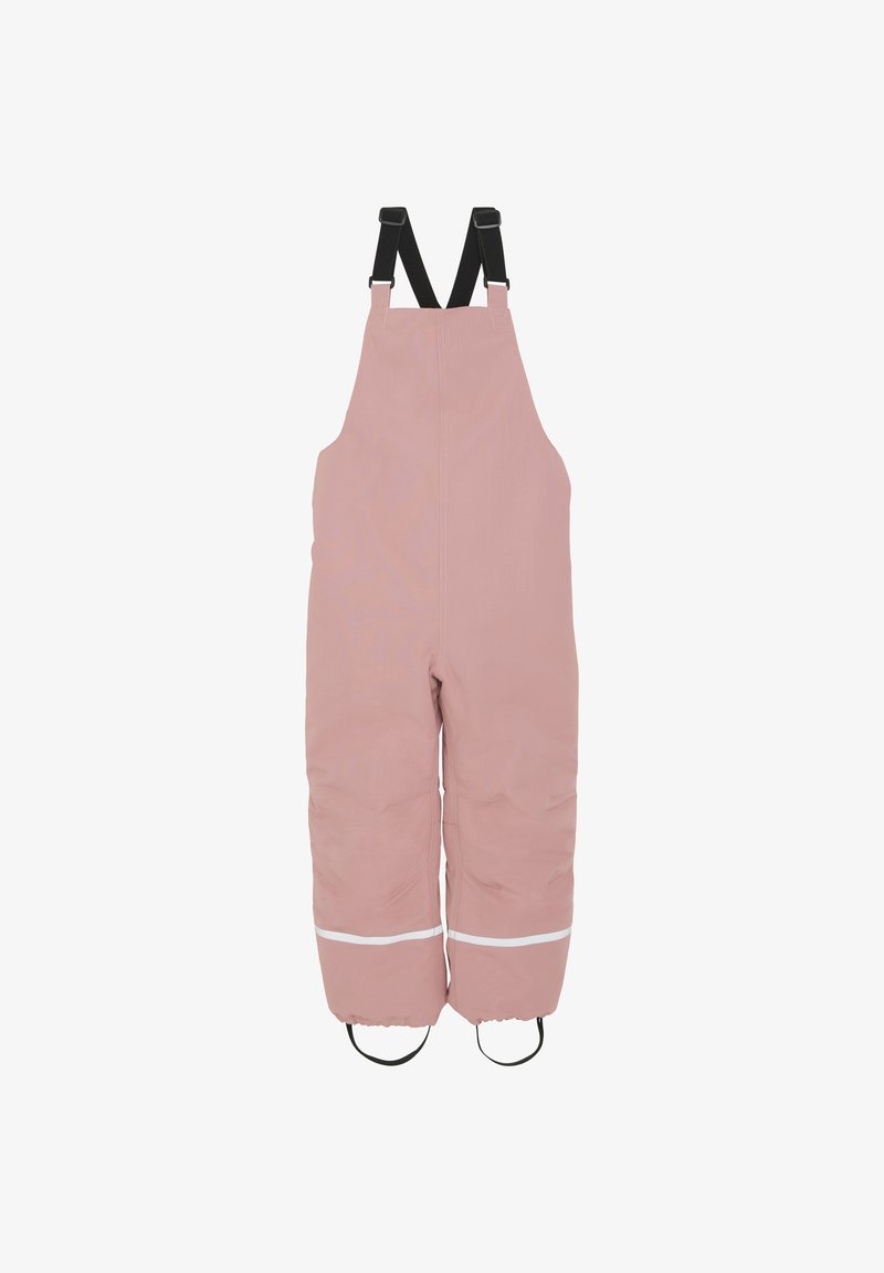 Rosa vattentäta overaller med justerbara svarta remmar, elastiska ärmslut, vita reflekterande ränder vid anklarna och en vadderad, isolerad design.