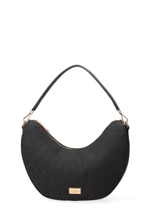 Borsa a tracolla in tessuto nero con silhouette curva, dotata di letteratura in rilievo, chiusura con zip e tracolla sottile. Dettagli in metallo dorato.