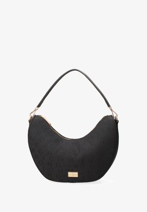 Borsa a tracolla in tessuto nero con silhouette curva, dotata di letteratura in rilievo, chiusura con zip e tracolla sottile. Dettagli in metallo dorato.