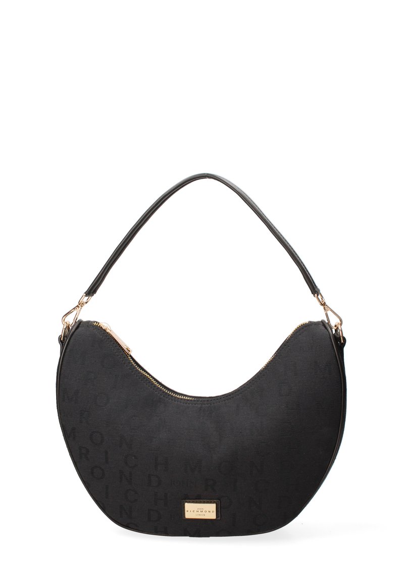 Borsa a tracolla in tessuto nero con silhouette curva, dotata di letteratura in rilievo, chiusura con zip e tracolla sottile. Dettagli in metallo dorato.