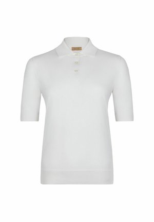 Biała koszulka polo z krótkim rękawem, wykonana z gładkiego materiału, z klasycznym kołnierzykiem i zapięciem na trzy guziki, o dopasowanym kroju.