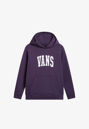 Lila Kapuzenpulli aus Baumwollmischgewebe mit großem weißen "VANS"-Logo, frontaler Kängurutasche und klassischem Kordelzug in der Kapuze.