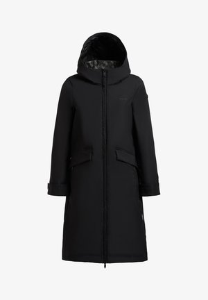 Hosszú fekete kapucnis télikabát elülső cipzárral, zsebfedőkkel és állítható mandzsettákkal, hideg időjárásra tervezve.