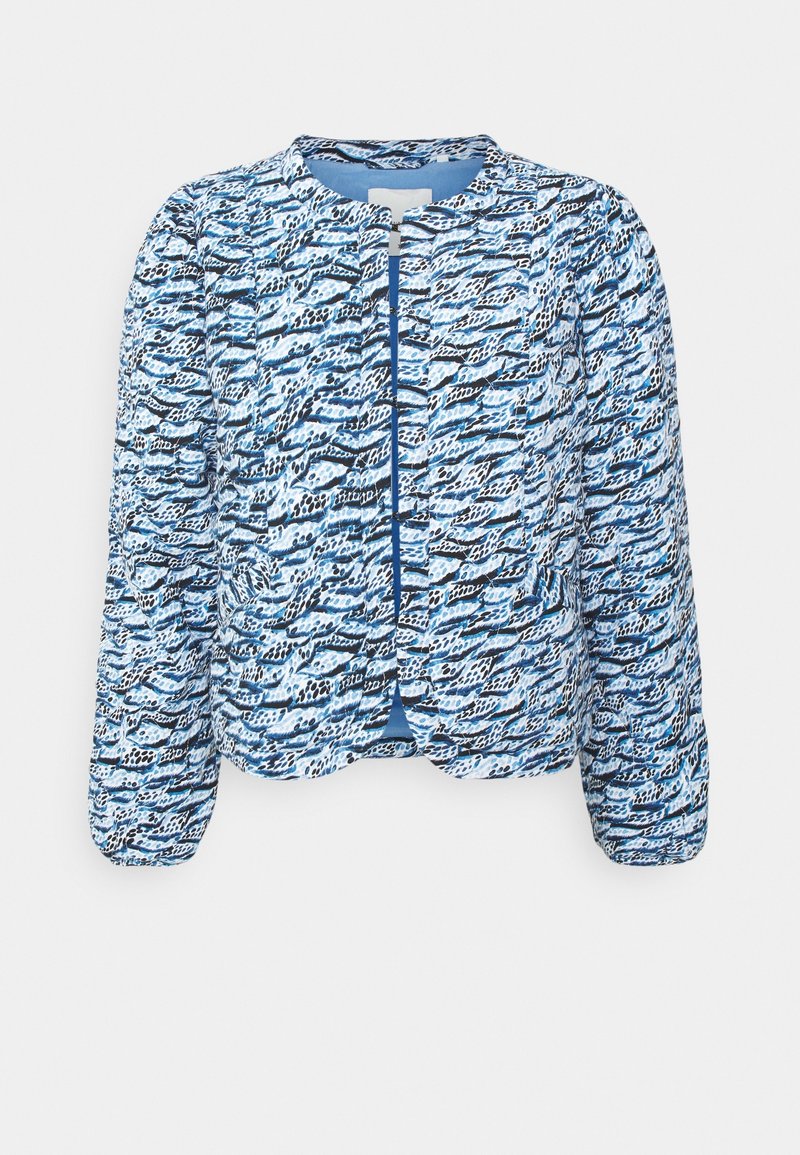 Quilted jacket featuring a blue and white wavy pattern, round neckline, and fitted cuffs. Front closure with no visible hardware.