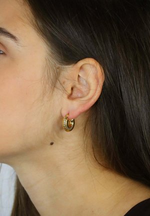 Gold hoop earrings with a ridged design, featuring a shiny texture and a small clasp, displayed on a model's ear.