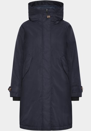 Marinblå vattenavvisande parka med huva, två sidfickor, justerbara ärmslut och dragkedja framtill. Slät tyg med matt yta.