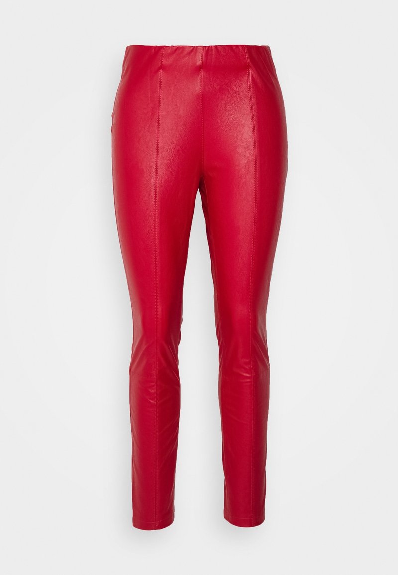 Red faux leather pants with a slim fit, featuring an elastic waistband, smooth texture, and vertical seams for added shape.