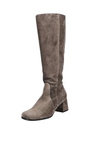 Botas altas de ante gris con caña ajustada, puntera cuadrada y tacón ancho. Presentan una textura suave y detalles de costura mínimos.
