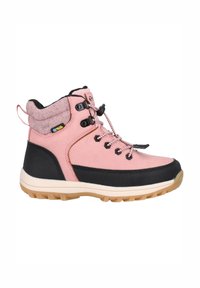 Chaussure de randonnée montante rose et noire avec semelle beige, col rembourré à la cheville, lacets réglables et languette au talon.