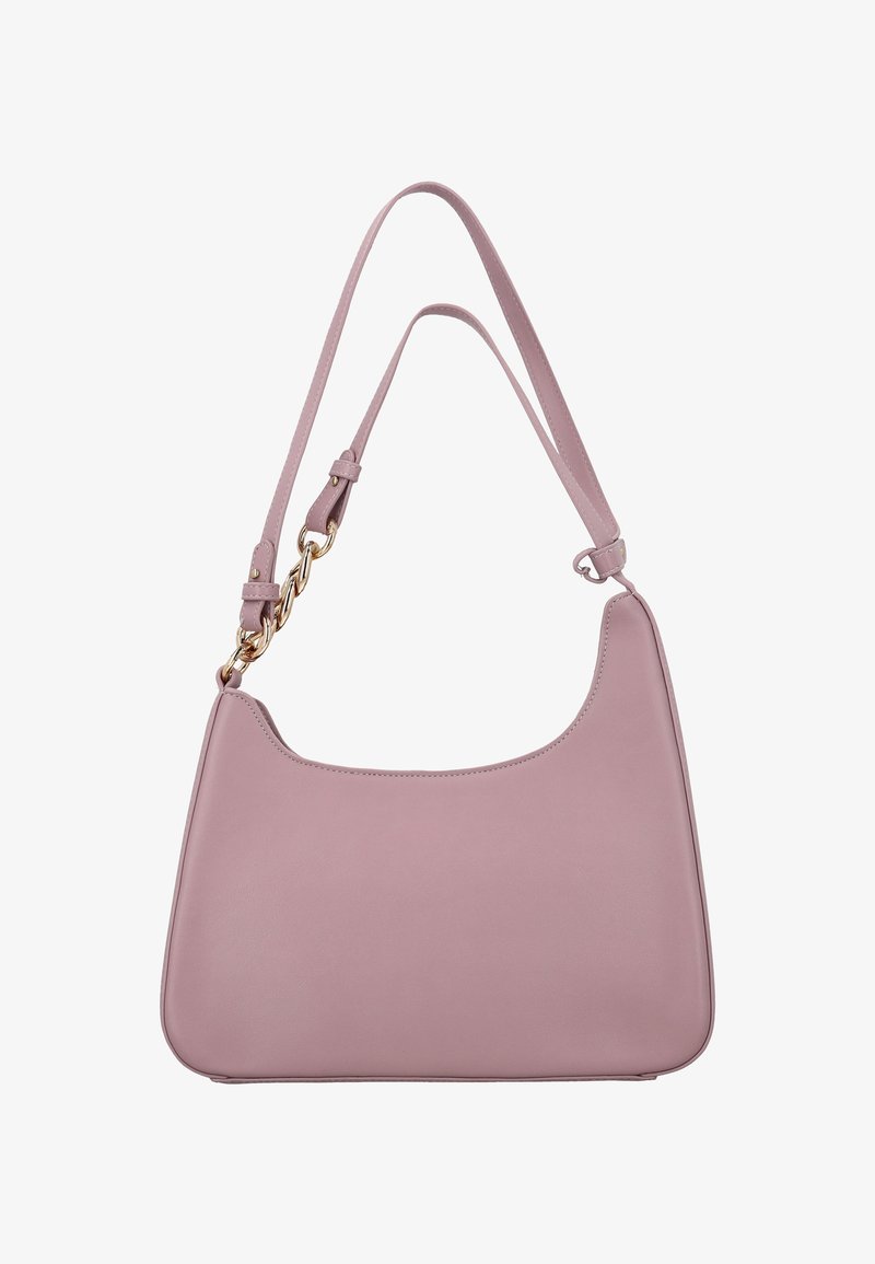 Rosa Schultertasche aus Leder mit geschwungener Form, verstellbarem Riemen und goldener Kettenakzent. Glatte Textur mit minimalen Nähte Details.