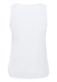 Top sans manches blanc en tissu lisse, avec un col rond et une coupe droite, présentant un ourlet légèrement arrondi en bas.